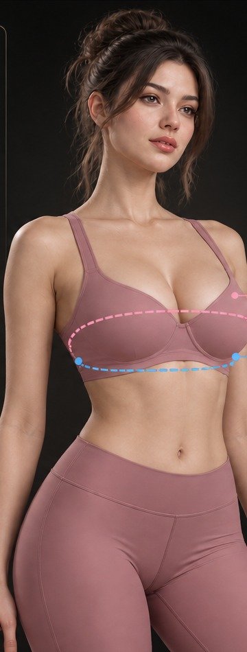 Adult fashion model wearing modest mauve activewear, with bust and underbust measurement guide lines