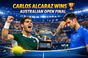Carlos Alcaraz holding the Australian Open trophy in victory while Novak Djokovic looks dejected, with text “CARLOS ALCARAZ WINS AUSTRALIAN OPEN FINAL” over a stadium background.