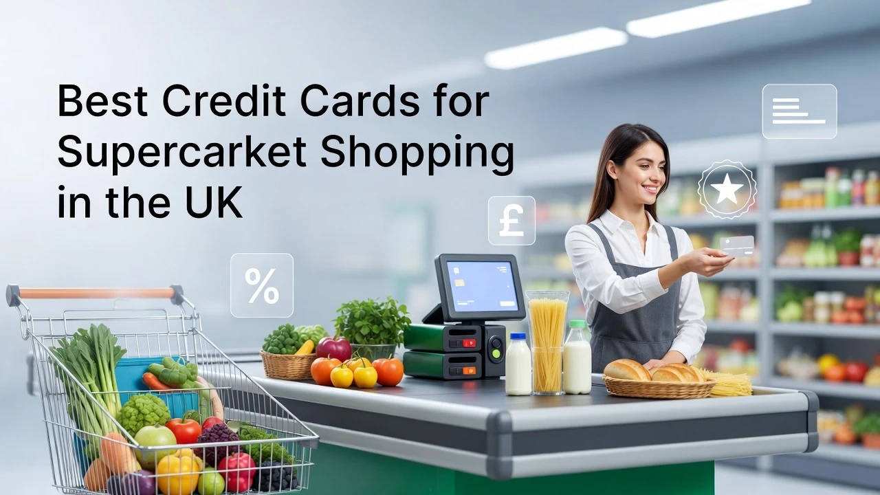 Create a realistic 16:9 blog header image for a UK finance article titled “Best Credit Cards for Supermarket Shopping in the UK.” Show a supermarket checkout scene with a customer paying using a credit card, grocery items on the counter, and subtle icons representing cashback (percentage symbol) and reward points. Include UK context with pound (£) symbol, clean lighting, soft blue and green tones, modern infographic style, no brand logos, professional and trustworthy look suitable for AdSense and Discover.