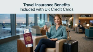 UK credit card travel insurance benefits concept with traveler holding credit card at airport with passport and luggage