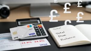 UK credit card statement showing APR percentage with calculator and pound symbol illustrating interest calculation.