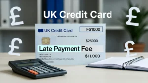 UK credit card statement showing late payment warning with calculator and £ symbol representing penalty fees.