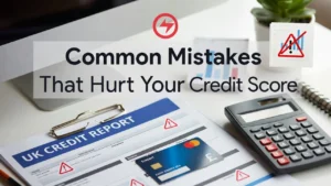 UK credit report with red warning symbols, calculator, and credit card on a desk representing mistakes that damage a credit score.