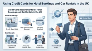 UK traveller using credit card at hotel reception with passport and luggage, representing hotel booking and car rental payment method