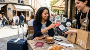 UK traveller paying with credit card abroad showing exchange rates and foreign transaction fees