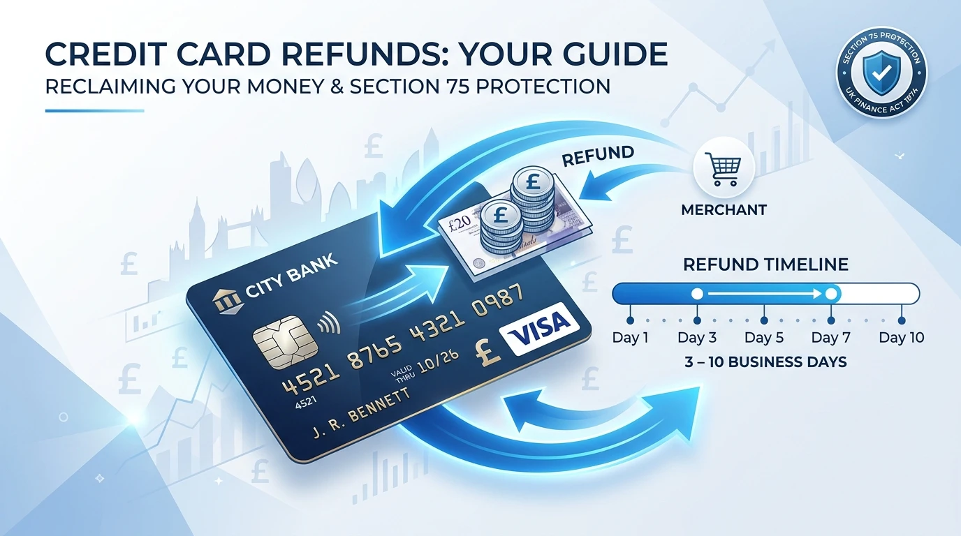 UK credit card refund process with return arrows, timeline, and Section 75 protection in GBP context.