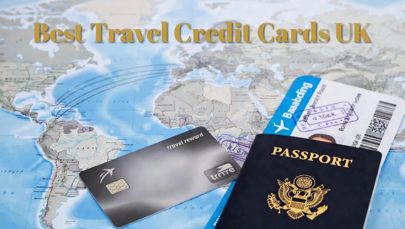 UK travel credit card with airplane ticket, passport and pound symbol representing travel rewards and fee-free overseas spending