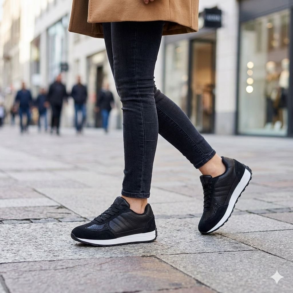 Woman wearing date night black trainers with jeans and a camel coat