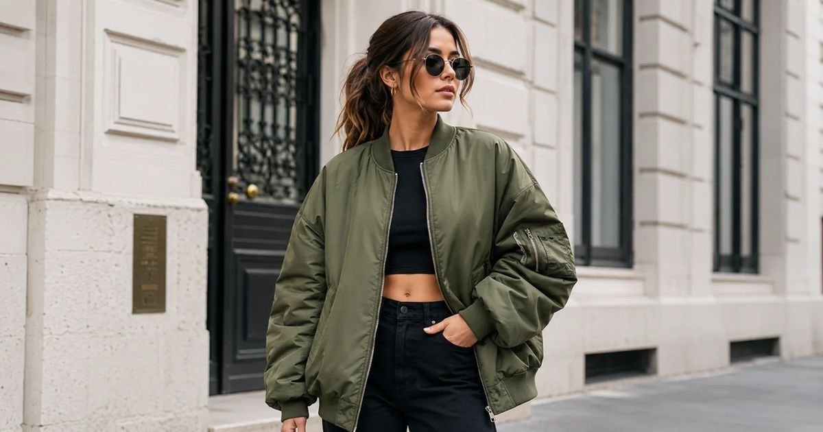 Woman wearing a casual green bomber jacket with a black crop top and jeans