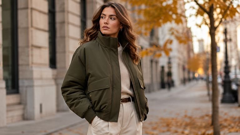 Woman wearing an evening bomber jacket outfit with tailored trousers