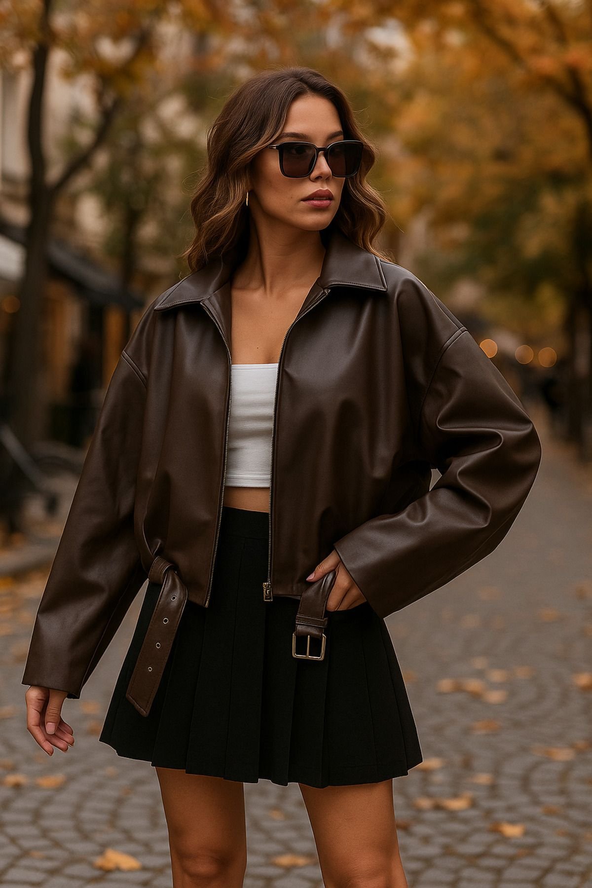 Woman wearing a weekend bomber jacket outfit with sunglasses