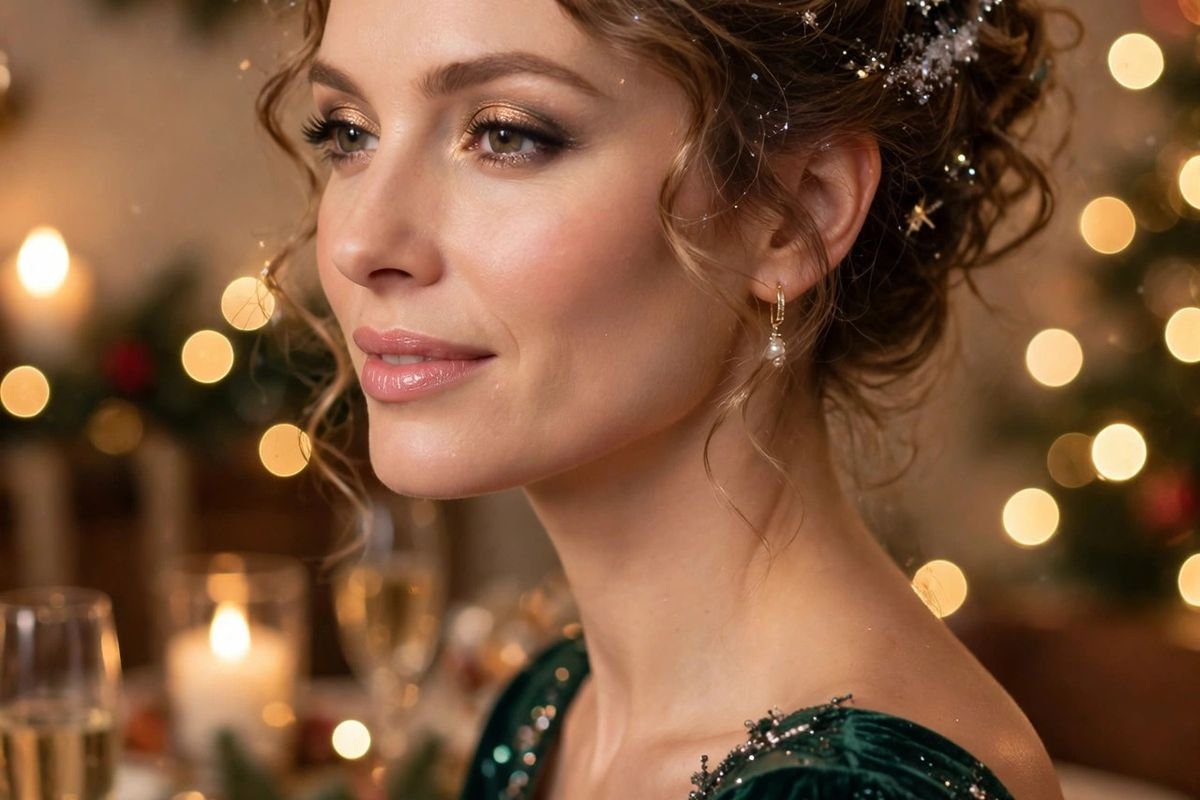 Elegant Christmas party hairstyles with a sparkling updo for a festive evening