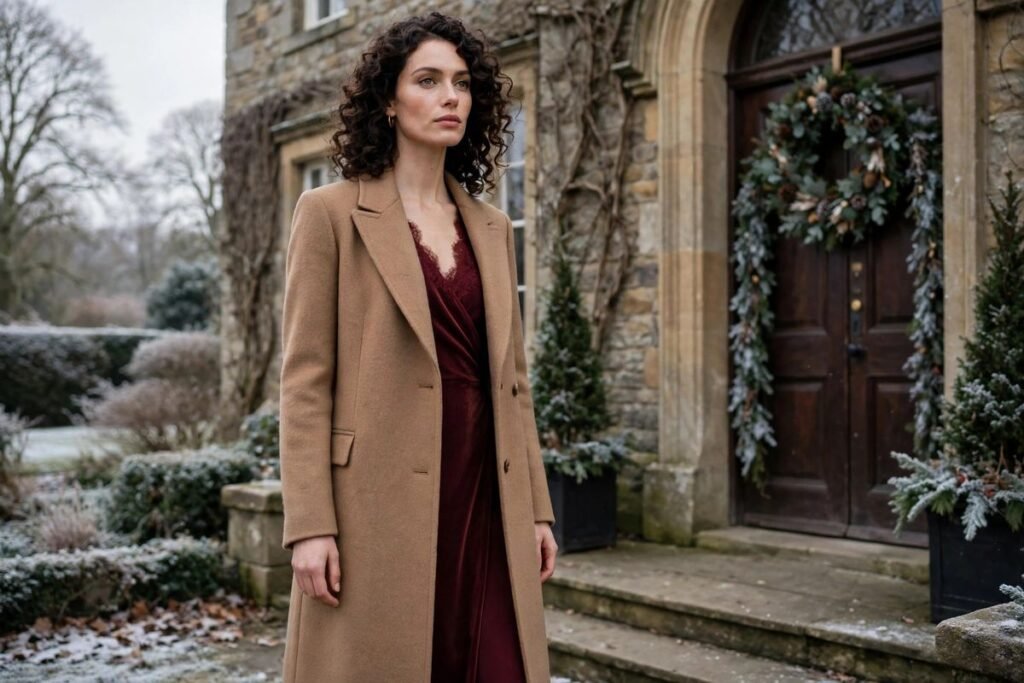 Coat worn over a wedding guest dress for cold weather weddings