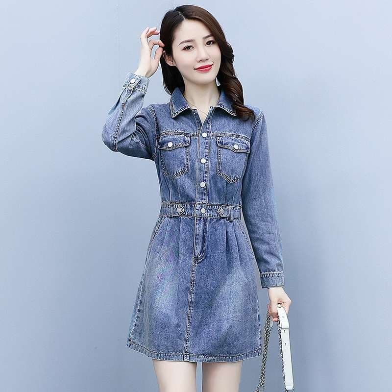 Woman wearing a smart long-sleeve denim dress