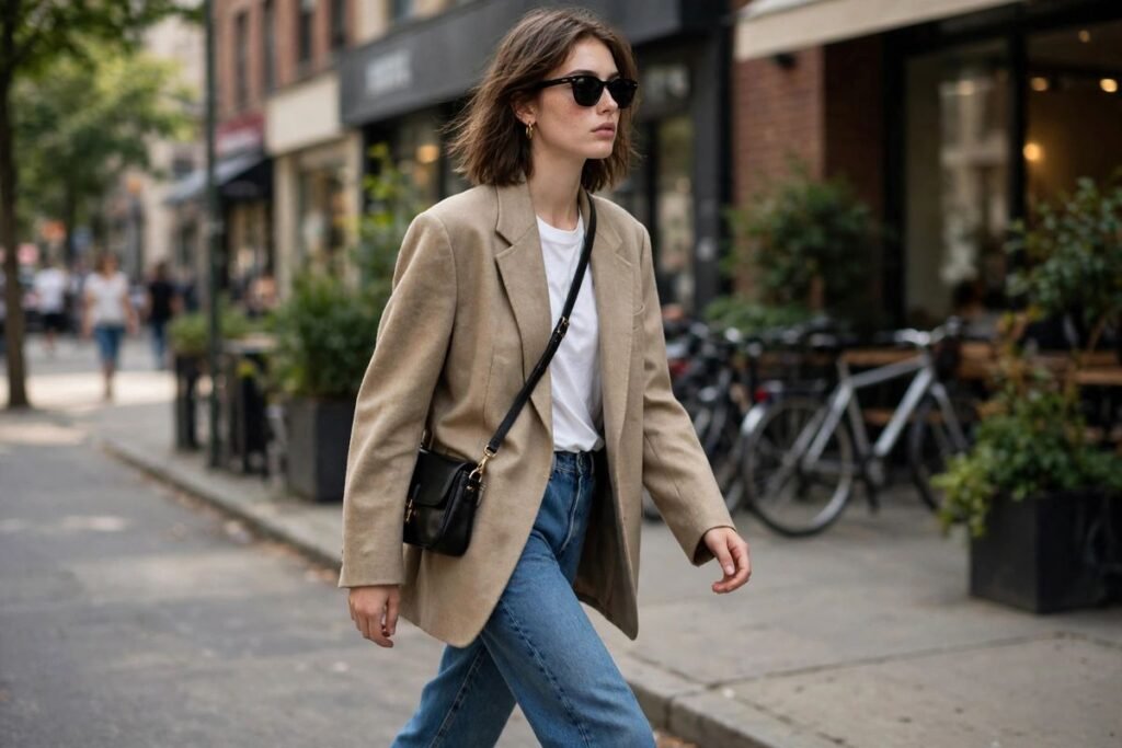 Model off-duty street style with an oversized blazer and jeans, inspired by Gigi Hadid street style
