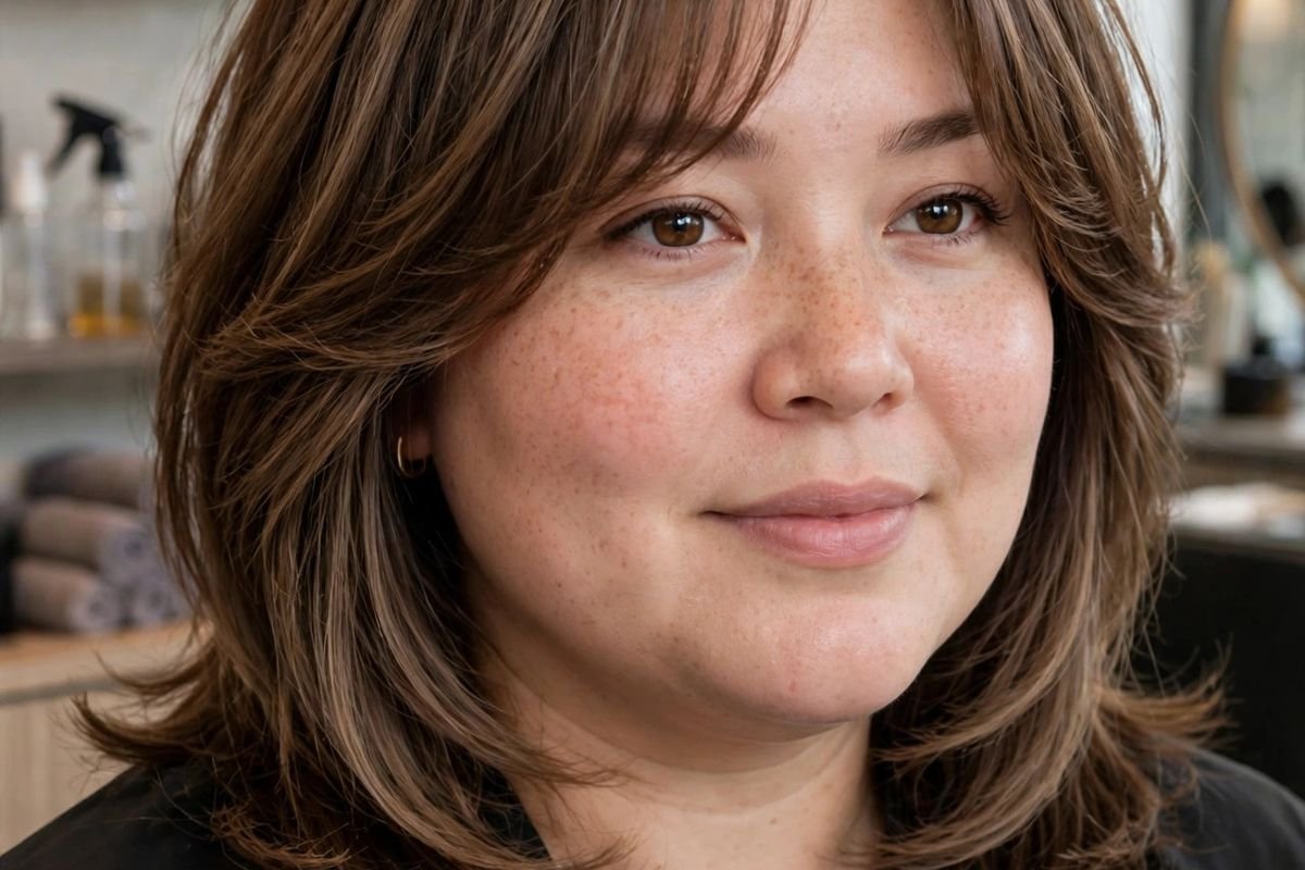 Flattering hairstyles for round faces with soft layers framing the face