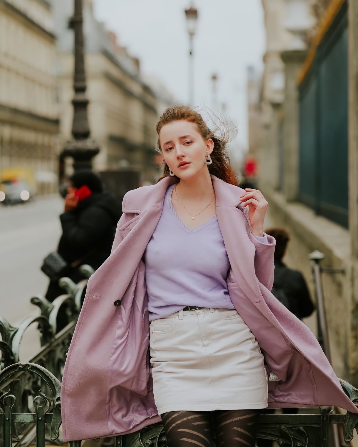Royal purple knitwear outfit with a roll-neck jumper