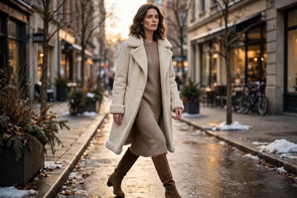 Shearling coat outfit for women styled for winter