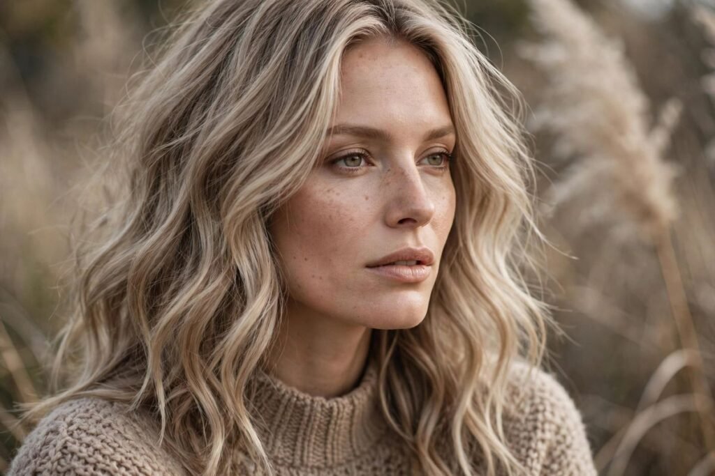 Stone blonde hair colour on long wavy hair