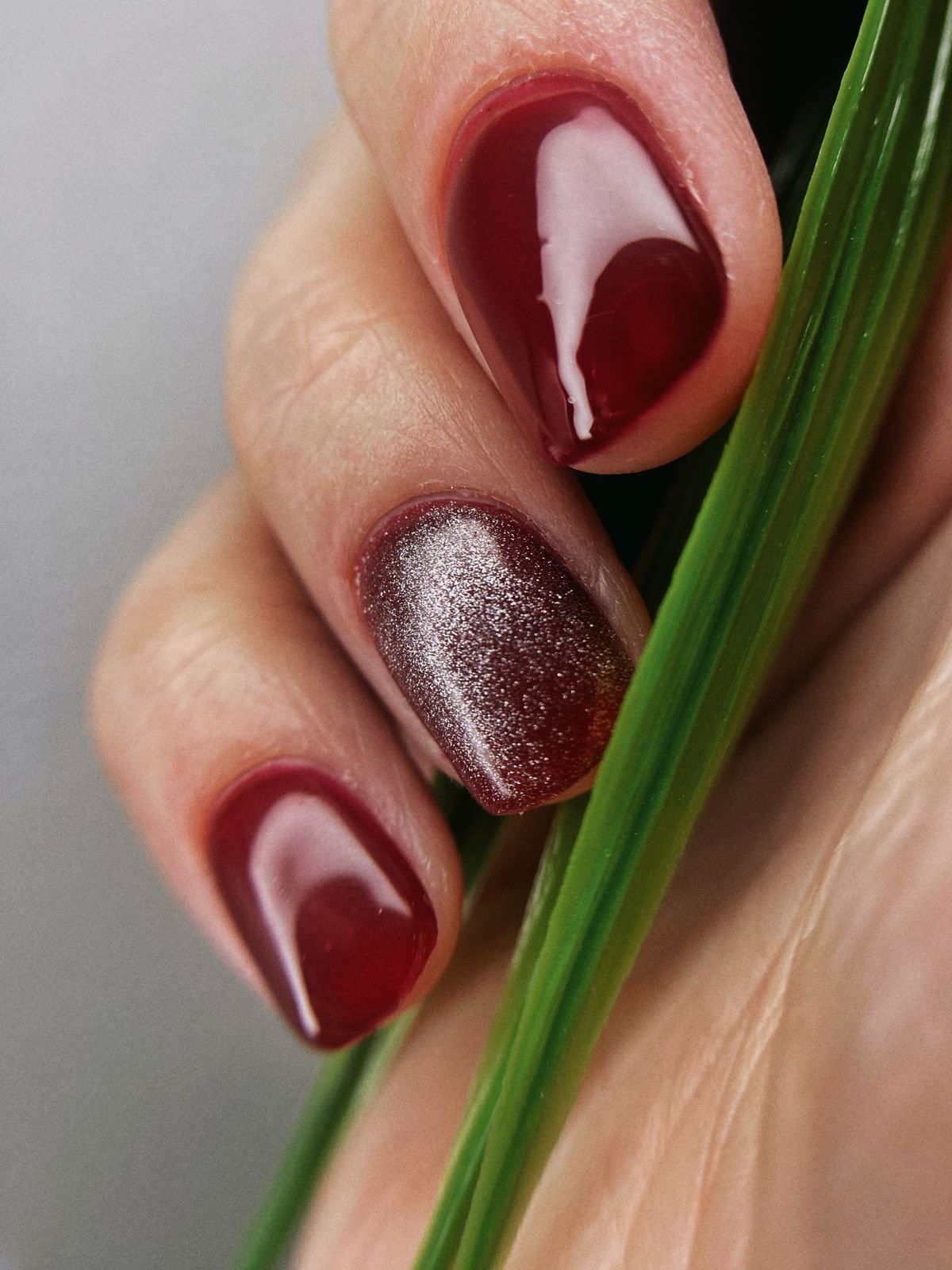Close-up of an elegant red manicure with a glossy finish