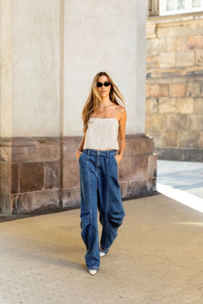 Wide-leg jeans outfit for women with a blazer