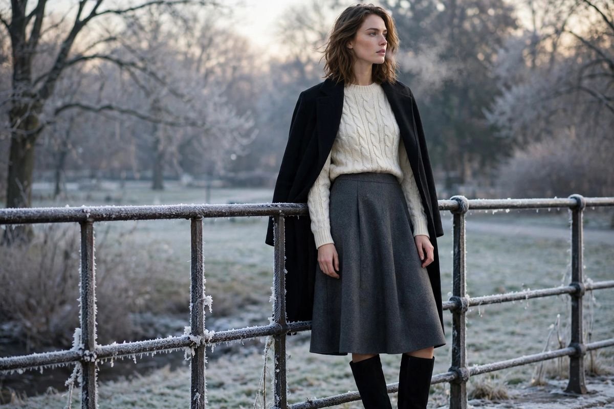 Woman wearing a winter skirt outfit with a knit jumper and long coat